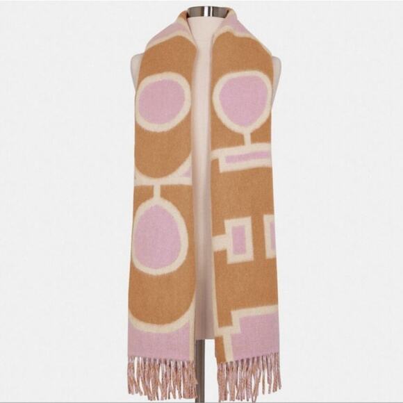 EVERSIBLE WOOL SCARF VARSITY PRINT PINK COLORBLOCK OVERSIZED MUFFLER - Picture 6 of 7